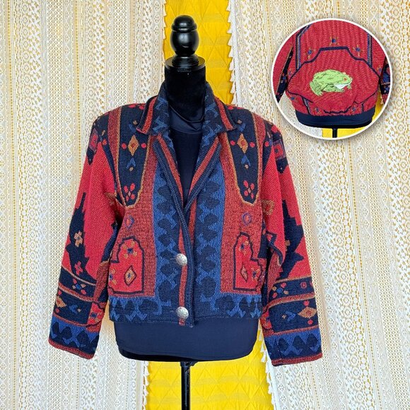 Vintage 90s Cropped Tapestry Aztec Jacket w/ Frog Prince Applique Size OS - Picture 1 of 17